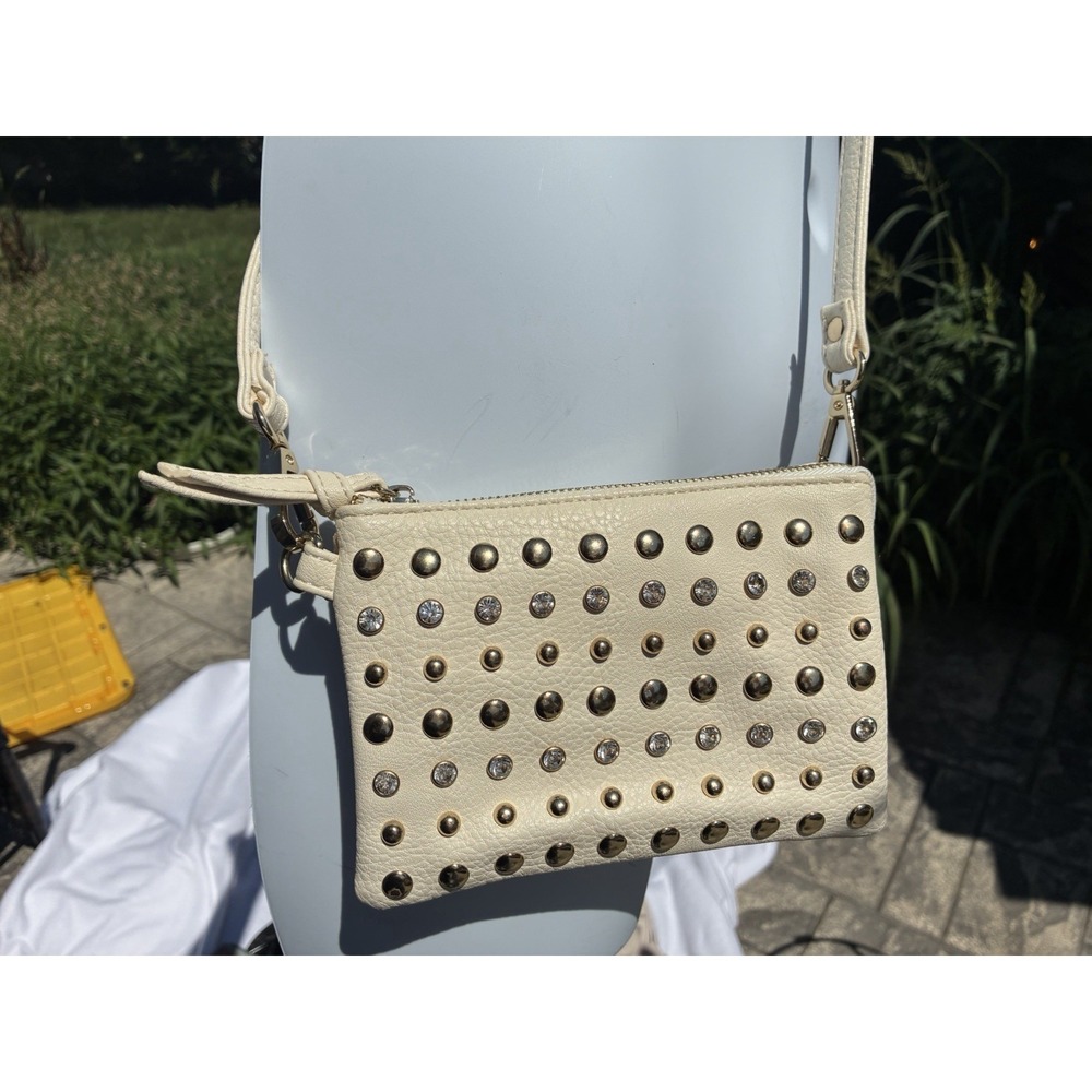 Charming Charlie Mini Crossbody Purse Cream Studded Faux Leather